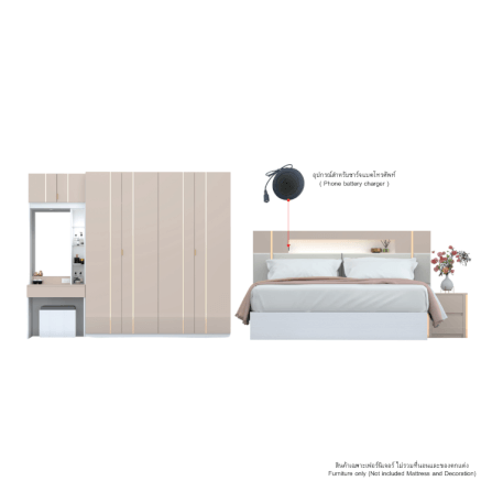 ชุดห้องนอน + ที่นอนสปริง 6 ฟุต WISDOM DESIGN FURNITURE รุ่น NOBLE สีขาว/กลอสซี่เบจ_5